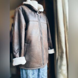Rain Forest RFT Faux Leather & Shearling Hooded Jacket Rustic Brown Size S